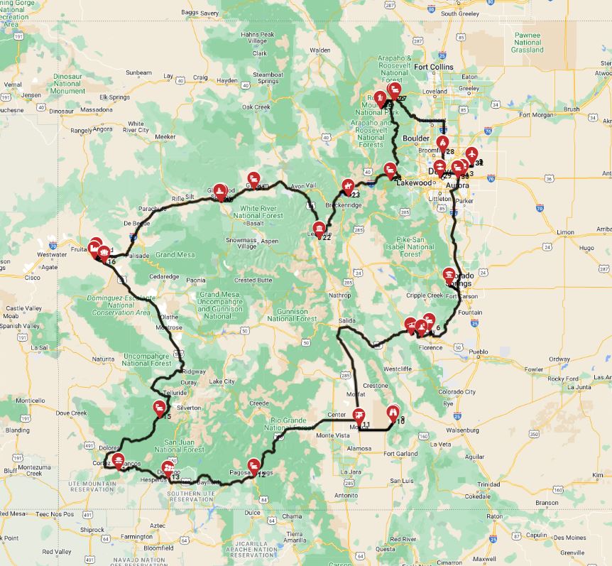 Map for Denver roundtrip - The Mountains of Colorado